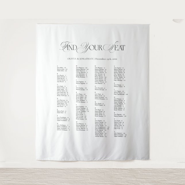 Black & White Wedding Seating Chart Fabric  Wandteppich (Vorderseite)