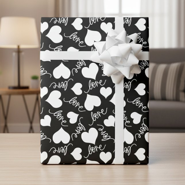 Black & White Whimsical Cursive Love & Hearts Geschenkpapier (Black & White Whimsical Cursive Love & Hearts Wrapping Paper)