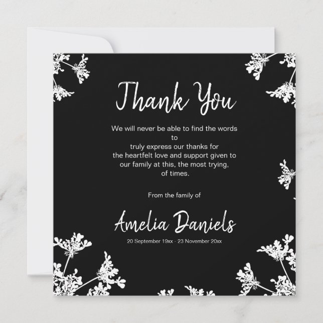 Black & White Wildblume Beerdigung Danke Karte (Vorderseite)