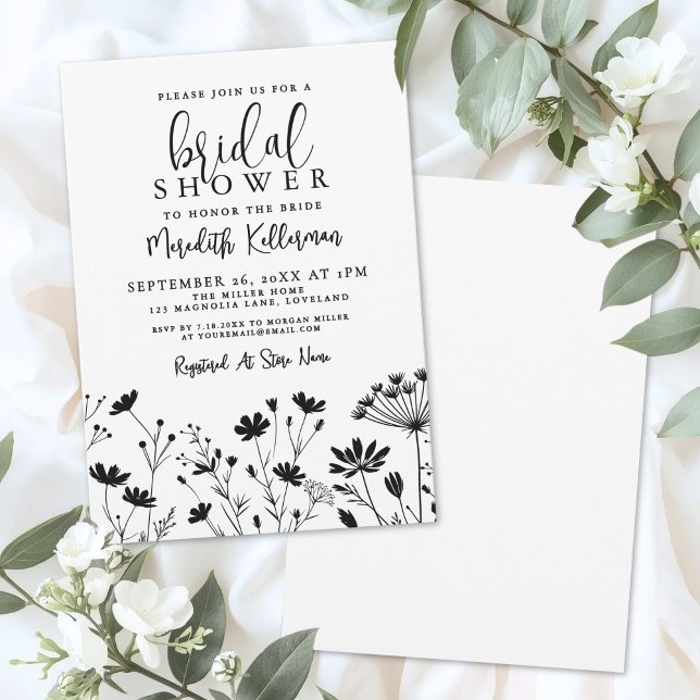 Black White Wildflower Bridal Shower Einladung (Black White Wildflower Bridal Shower Invitation)