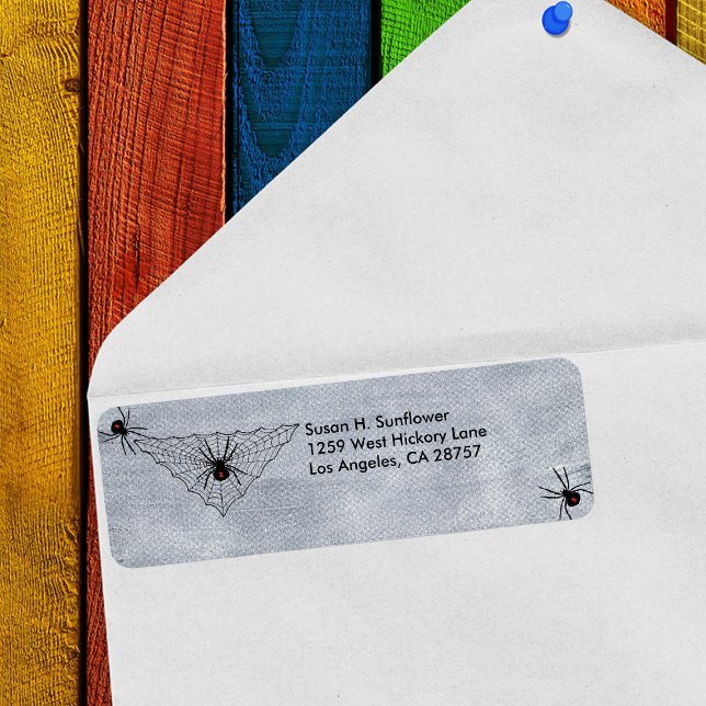 Black Widow Spider Web Retourner Étiquettes de adr (Spooky black widow spiders  triangular web on a faux painted white background  return address labels)