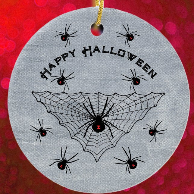 Black Widow Spiders Red Marks in Web White Keramik Ornament (Black widow spiders red marks in black triangular web on rustic white Halloween ceramic ornament.)