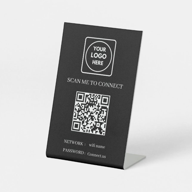 Black WiFi QR Code | Scan to Connect Business Logo Sockelschild (Vorderseite)