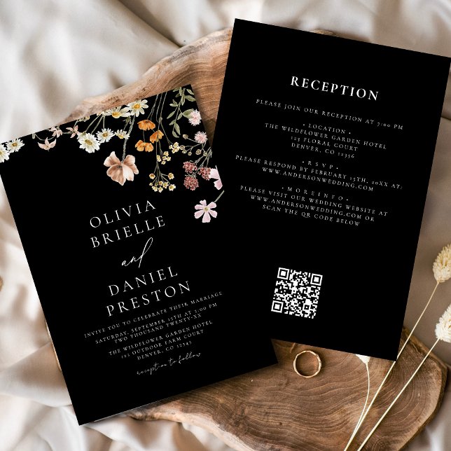 Black Wildblume All in One QR Code Wedding Einladung (Von Creator hochgeladen)