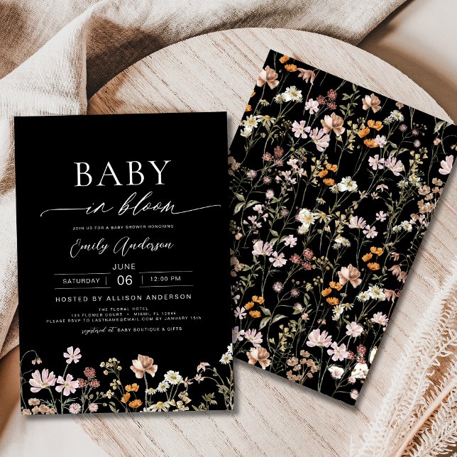 Black Wildblume Baby in Bloom Baby Dusche Einladung (Von Creator hochgeladen)