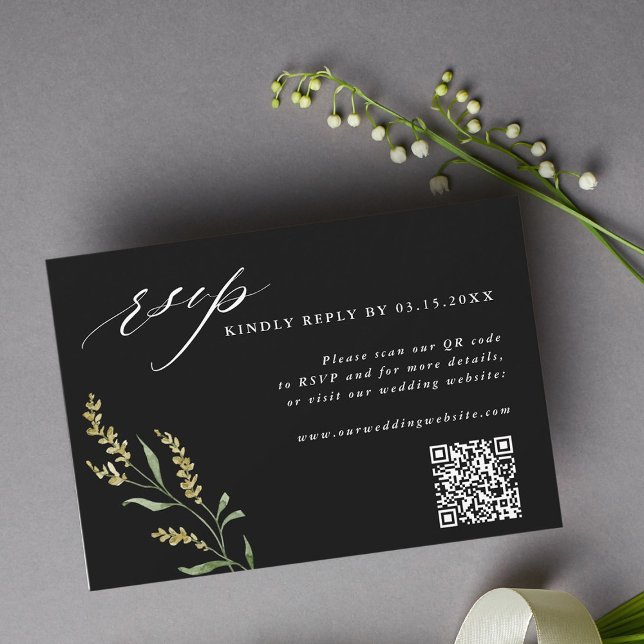 Black Wildblume Elegant Wedding QR Code RSVP Karte (Von Creator hochgeladen)
