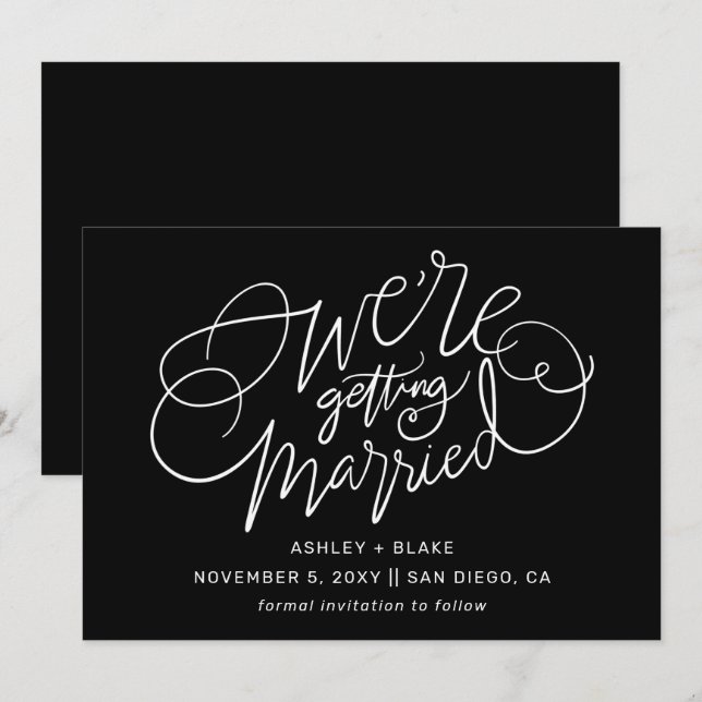 Black Wir heiraten Simple Calligraphy Save The Date (Vorne/Hinten)