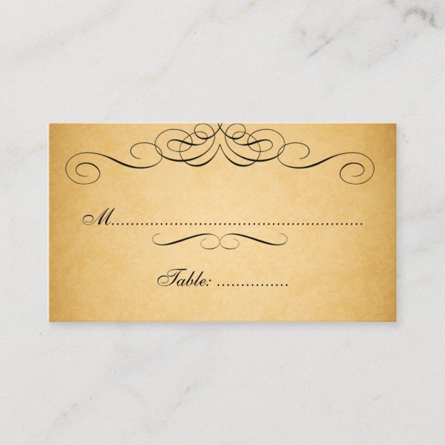 Black Wirbel Vintage Wedding Platzkarte (Vorderseite)
