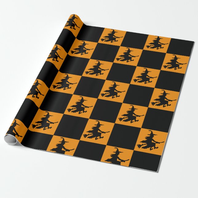 Black Witches on Orange Checkered Wrapping Paper Geschenkpapier (Ungerollt)