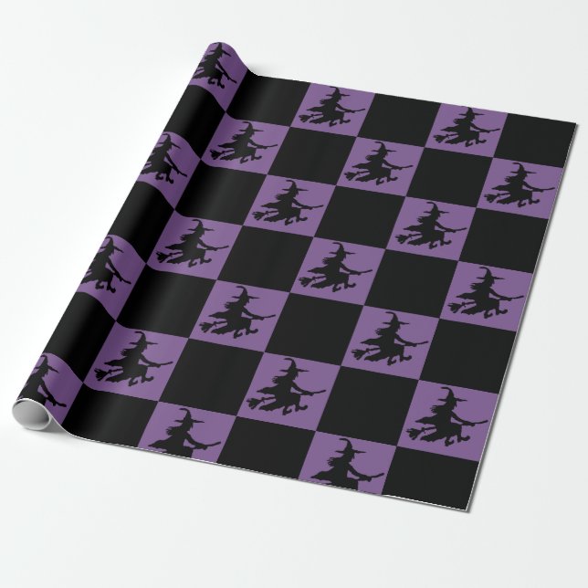 Black Witches on Purple Checkered Wrapping Paper Geschenkpapier (Ungerollt)