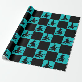 Black Witches on Teal Checkered Wrapping Paper Geschenkpapier