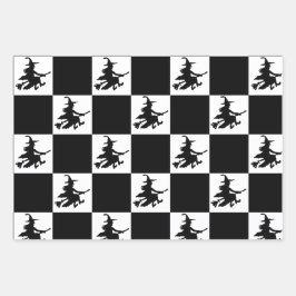 Black Witches on White, Yellow & Orange Checkered Geschenkpapier Set