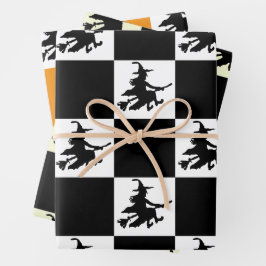 Black Witches on White, Yellow & Orange Checkered Geschenkpapier Set
