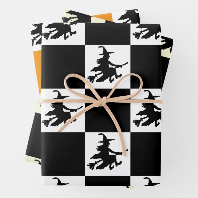 Black Witches on White, Yellow & Orange Checkered Geschenkpapier Set (Beispiel)