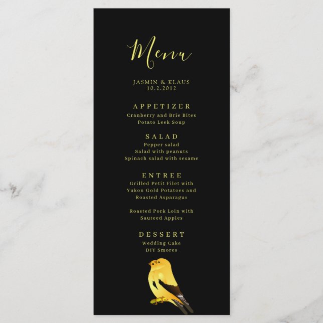 Black with Gold Birds Wedding Menu Menükarte (Vorderseite)