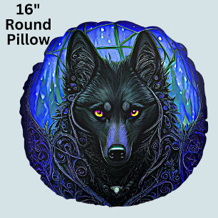 Black Wolf Dog auf Blue Rundes Kissen