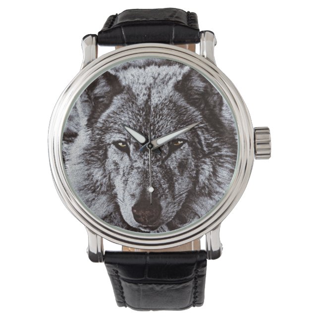 Black Wolf Face Wildlife Armbanduhr (Vorderseite)