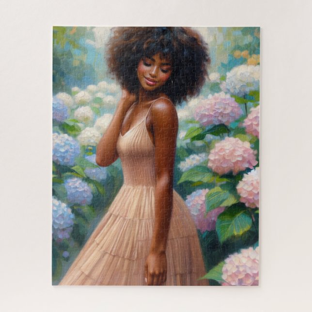 Black Woman Among Hydrangea Flowers (Vertikal)