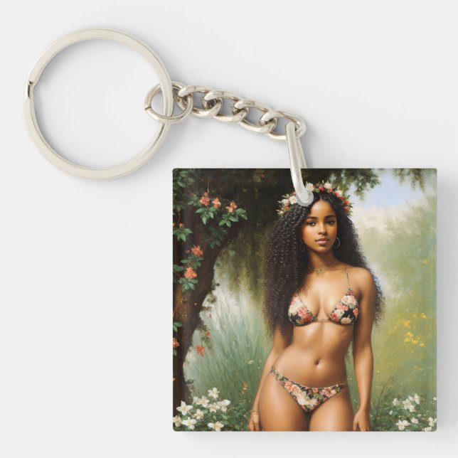 Black Woman Bikini Model Floral Beauty Schlüsselanhänger (Vorderseite)