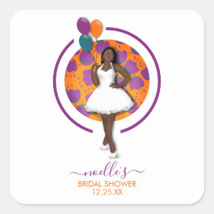 Black Woman, Birthday Dusche Balloons & Blume Quadratischer Aufkleber