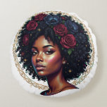 Black Woman Dark Floral Afro Rundes Kissen<br><div class="desc">Celebrate the beauty of black women with this gorgeous print showcasing a gorgeous AfricanAmerican woman wearing her crowning glory in a classic round curly afro. Her naturally elegant hair is accented with deep jewel tone flowers. Check out the Beautifully Black shop for matching items!</div>