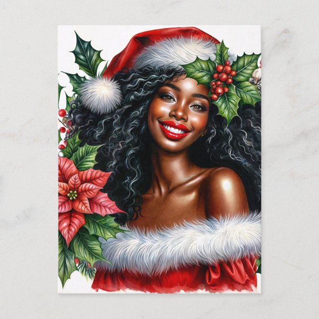 Black Woman In Santa Hat Christmas Postkarte (Vorderseite)