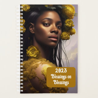 Black woman white roses and gold embellishments planer