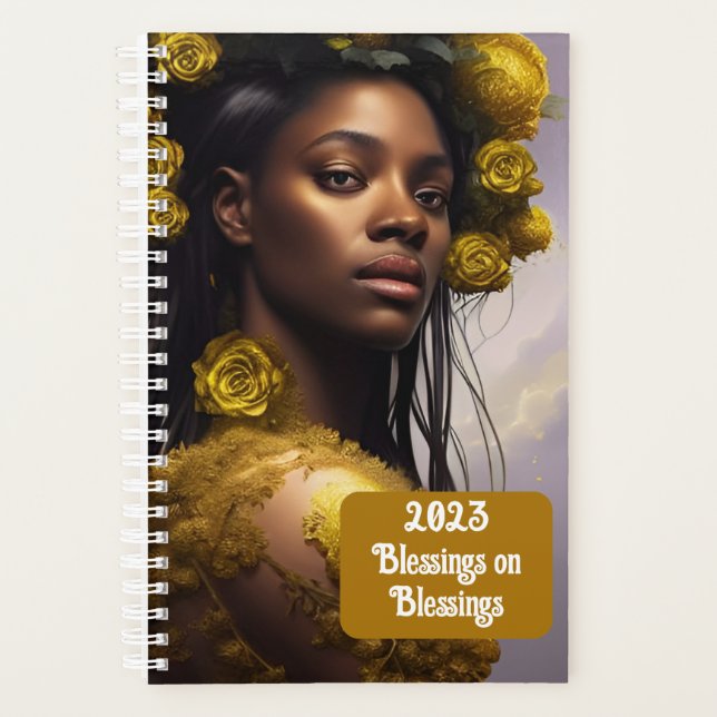 Black woman white roses and gold embellishments planer (Vorderseite)