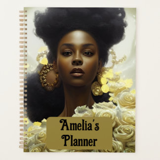 Black woman white roses and gold embellishments planer