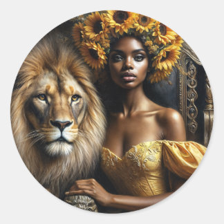 Black Woman With Lion Sunflower Crown Runder Aufkleber