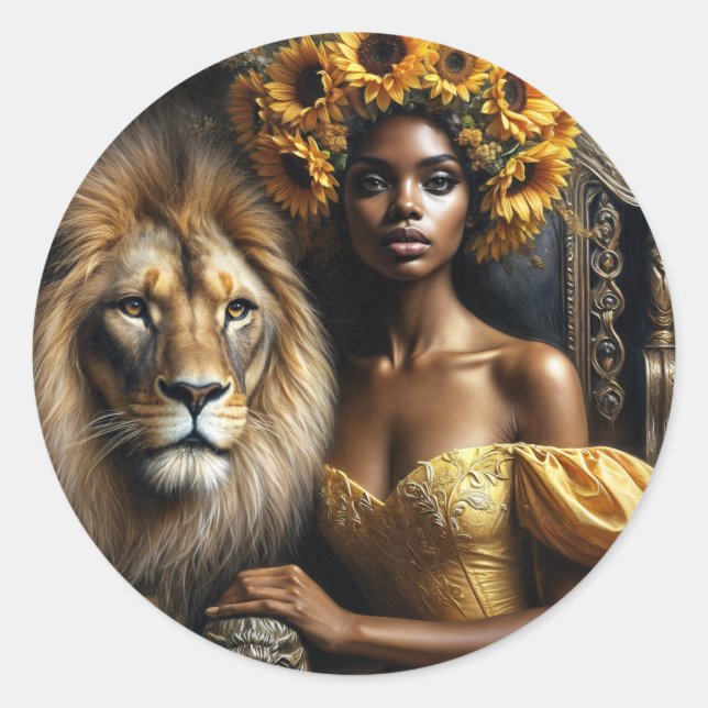 Black Woman With Lion Sunflower Crown Runder Aufkleber (Vorderseite)