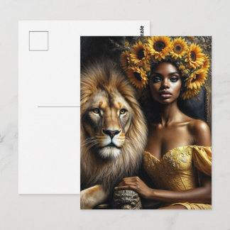 Black Woman With Lion Sunflower Leo Postkarte