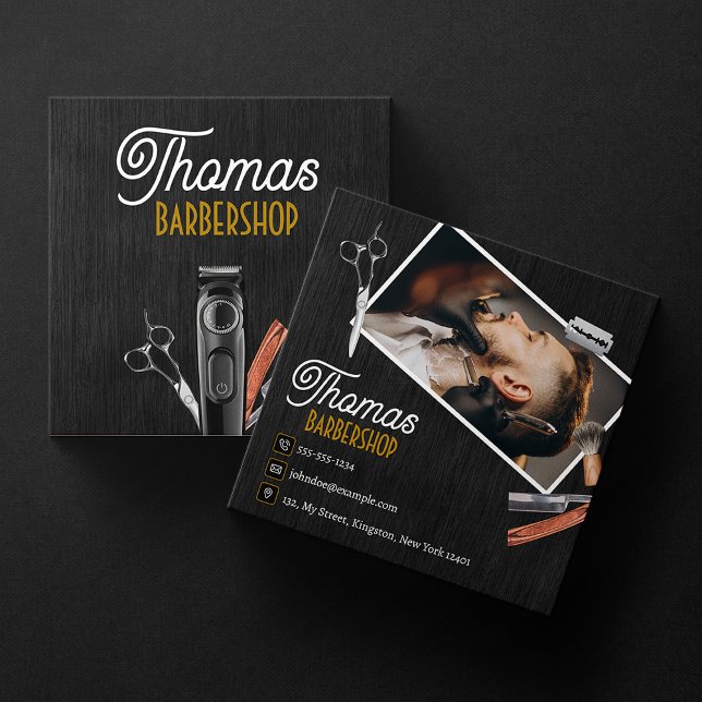 Black Wood Barber Shop Foto Schere Haarbürmer Clip Quadratische Visitenkarte (Von Creator hochgeladen)