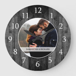 Black Wood Wedding Jubiläum Custom Foto Große Wanduhr