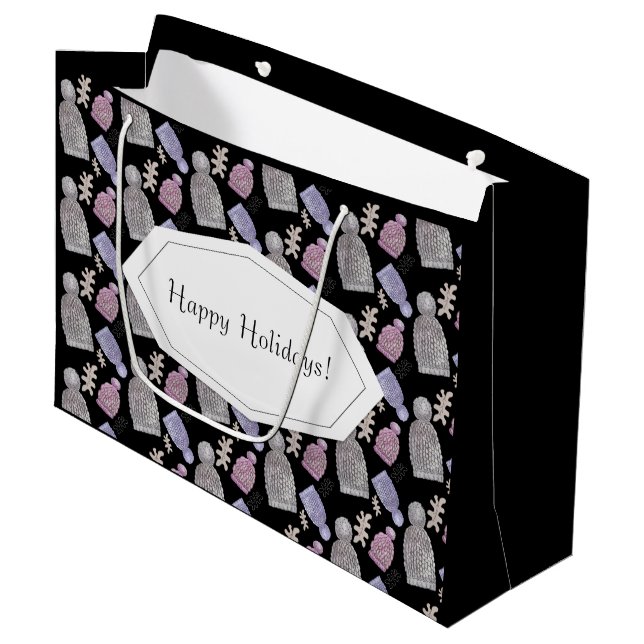 Black Wool Strick Hats Wasserfarbe Handgemalt Große Geschenktüte (Vorderseite Schrägansicht)