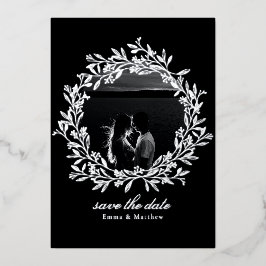 Black Wreath Elegantes Foto & QR Save the Date Folieneinladung