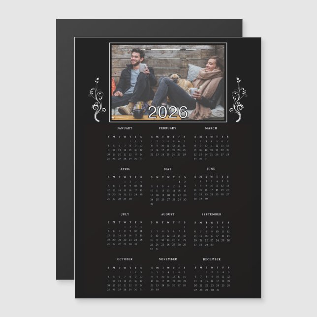 Black Year 2026 Photo Calendar with Foliage  Magnetkarte (Vorne/Hinten)