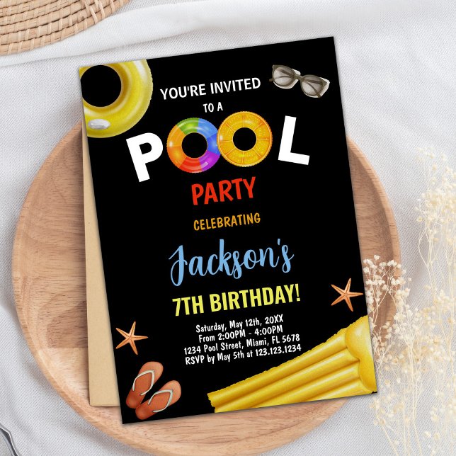 Black Yellow Blue Pool Geburtstagseinladungen Einladung (Black Yellow Blue Pool Birthday Invitations)