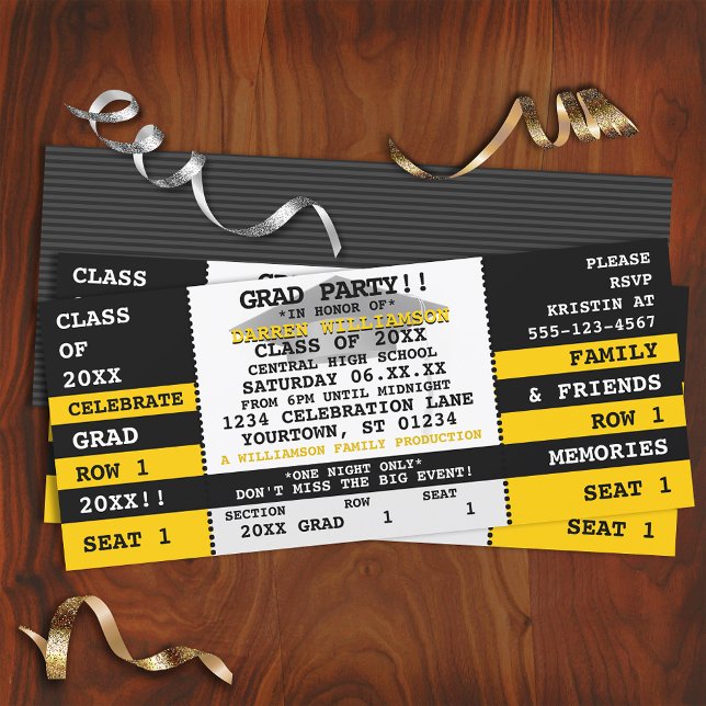 Black|Yellow Concert Ticket Grad Party Invitation (Créateur téléchargé)