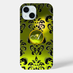 BLACK YELLOW DAMASK GEM MONOGRAMM iPhone 15 HÜLLE