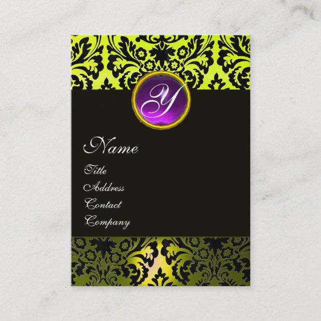 BLACK YELLOW DAMASK LILA AMETHYST GEM MONOGRAMM VISITENKARTE (Vorderseite)