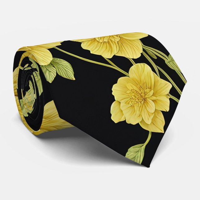 Black Yellow Flowers Gold Green Wedding Neck Tie Krawatte (Gerollt)