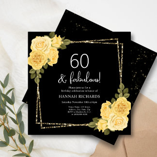 Black Yellow & Gold Floral 60. Geburtstag Einladung