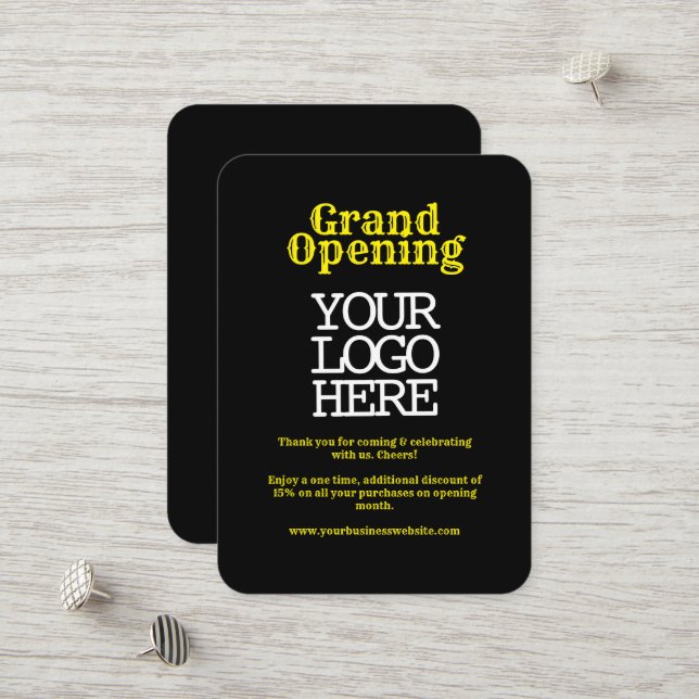 Black Yellow Grand Opening | Logo Rabattkarte (Vorderseite/Rückseite Beispiel)