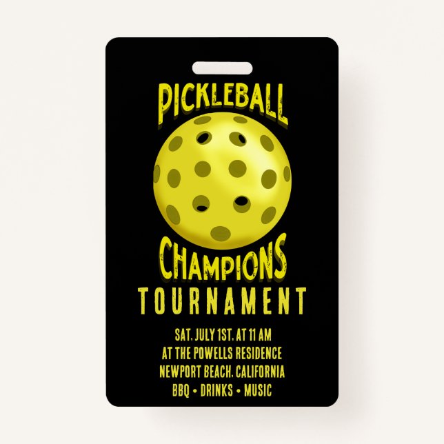 Black Yellow Pickleball Turnier Einladung Ausweis (Vorderseite)