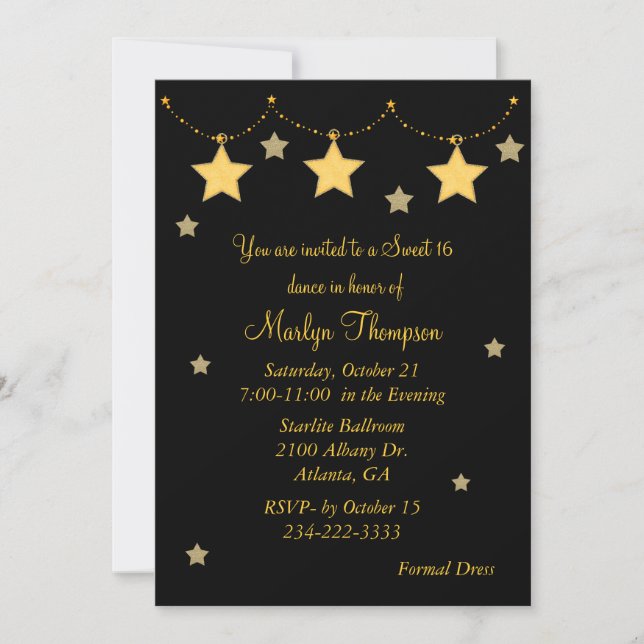 Black & Yellow Star Lights Sweet 16 Einladung (Vorderseite)
