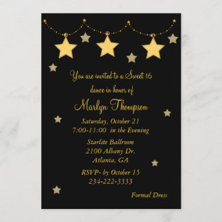 Black & Yellow Star Lights Sweet 16 Einladung