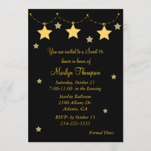 Black & Yellow Star Lights Sweet 16 Invitation