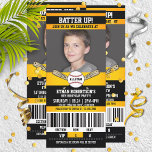 Black|Yellow Ticket Style Baseball Geburtstagspart Einladung<br><div class="desc">Super unterhaltsamer Geburtstag mit Baseballthema mit dem Foto Ihres kleinen All-Star-Spiels direkt vorne!</div>