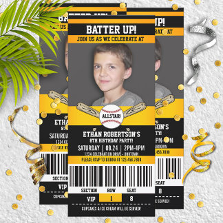 Black|Yellow Ticket Style Baseball Geburtstagspart Einladung